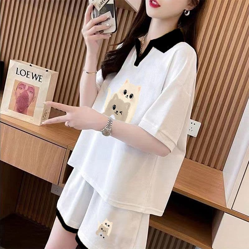 실사 순면 32 더블 실 230 크 2026 여름 POLO 칼라 반팔 티셔츠 반바지 여성 투피스 세트 상세 이미지 5
