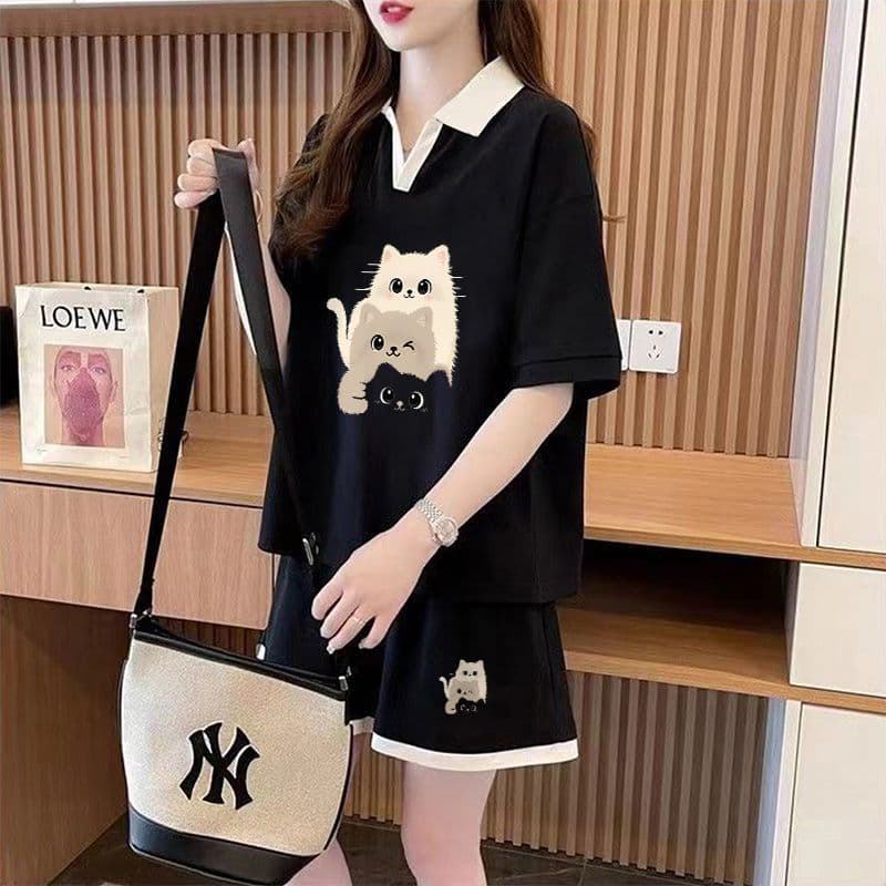 실사 순면 32 더블 실 230 크 2026 여름 POLO 칼라 반팔 티셔츠 반바지 여성 투피스 세트 상세 이미지 9