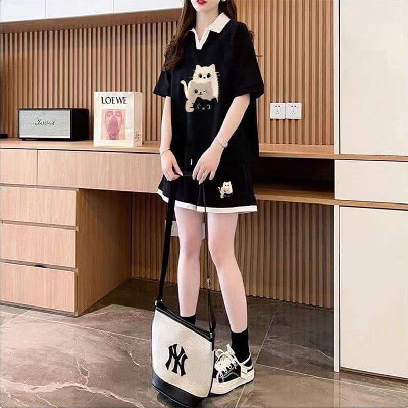 실사 순면 32 더블 실 230 크 2026 여름 POLO 칼라 반팔 티셔츠 반바지 여성 투피스 세트 상세 이미지 10
