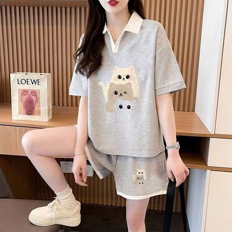실사 순면 32 더블 실 230 크 2026 여름 POLO 칼라 반팔 티셔츠 반바지 여성 투피스 세트 상세 이미지 13