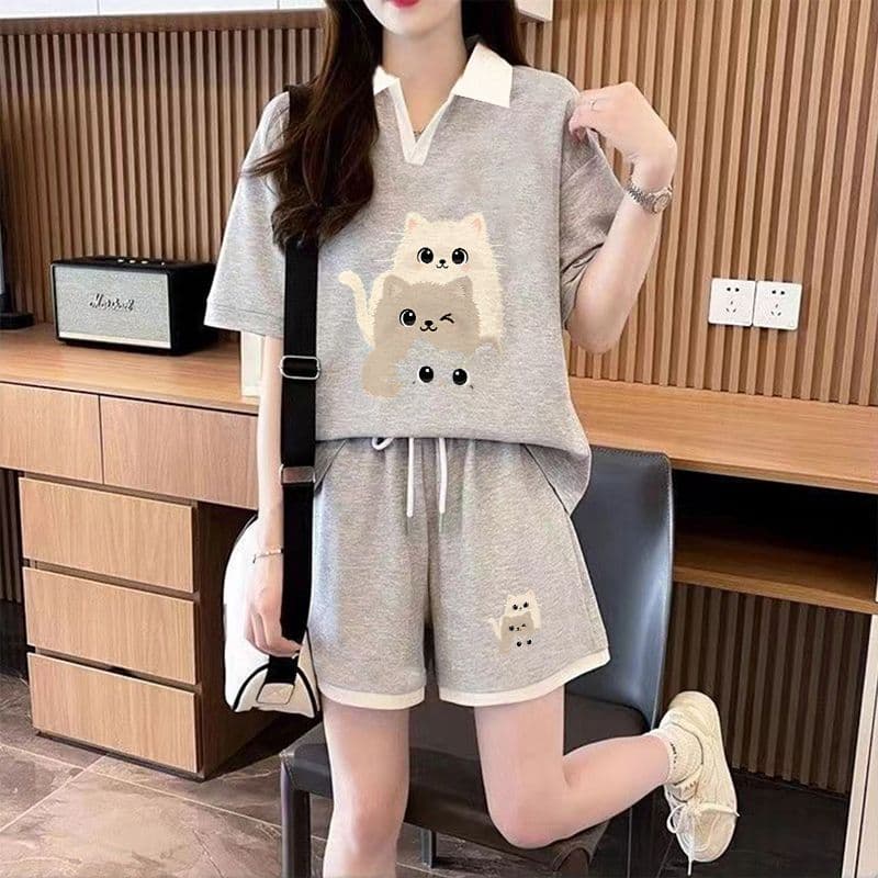 실사 순면 32 더블 실 230 크 2026 여름 POLO 칼라 반팔 티셔츠 반바지 여성 투피스 세트 상세 이미지 14