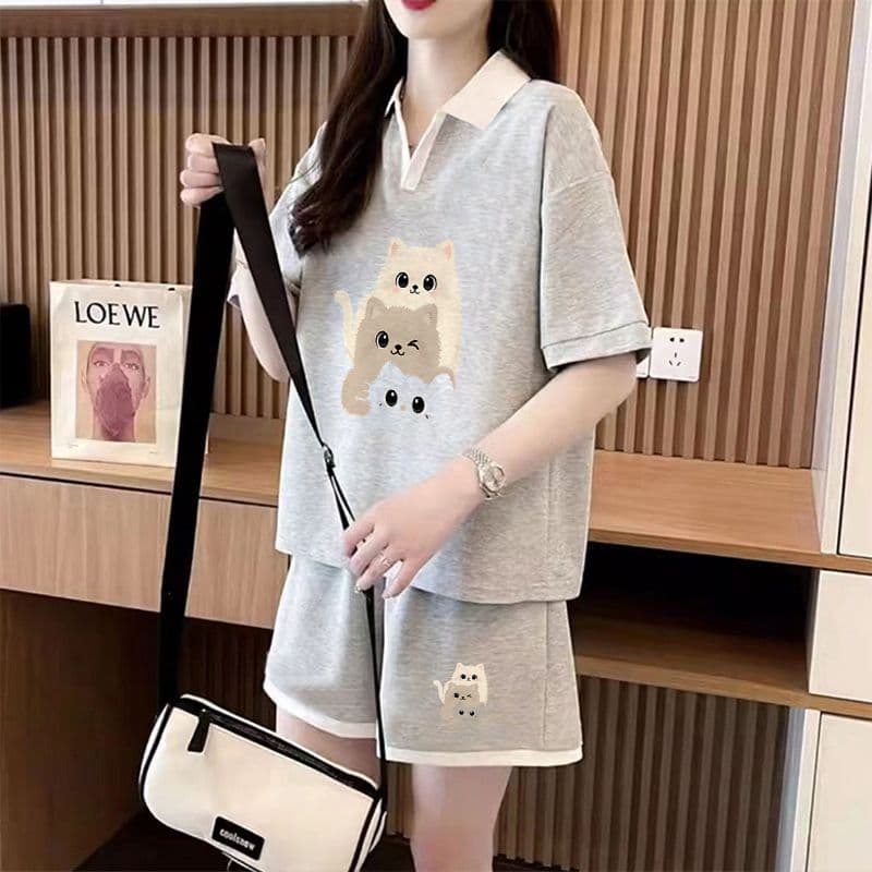 실사 순면 32 더블 실 230 크 2026 여름 POLO 칼라 반팔 티셔츠 반바지 여성 투피스 세트 상세 이미지 15