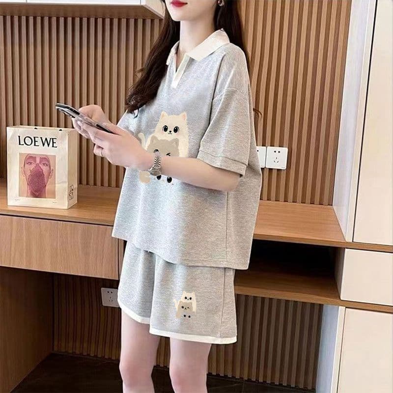 실사 순면 32 더블 실 230 크 2026 여름 POLO 칼라 반팔 티셔츠 반바지 여성 투피스 세트 상세 이미지 16