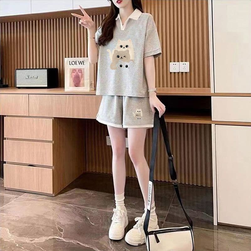 실사 순면 32 더블 실 230 크 2026 여름 POLO 칼라 반팔 티셔츠 반바지 여성 투피스 세트 상세 이미지 17