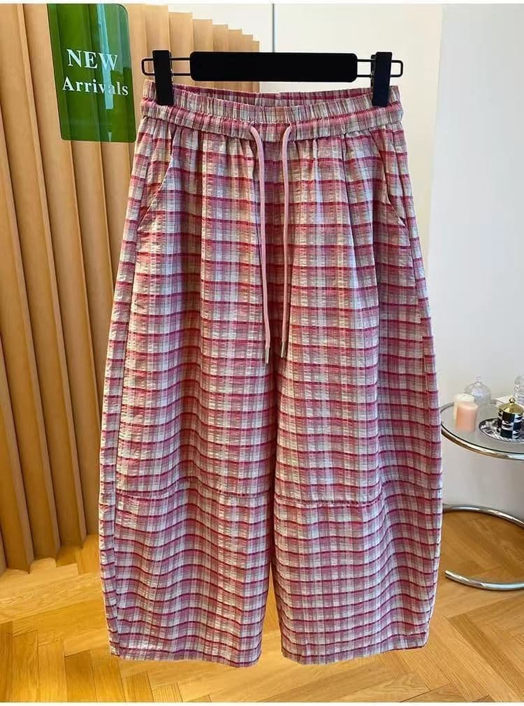 핑크색 체크무늬 모통이 칼 바지 여성 여름 새로운 패션 캐주얼 다용도 스트레이트 팬츠 와이드 레그 팬츠 슈퍼 잘 생긴 9부 바지 상세 이미지 8