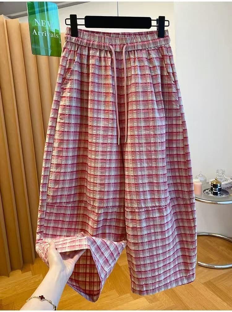 핑크색 체크무늬 모통이 칼 바지 여성 여름 새로운 패션 캐주얼 다용도 스트레이트 팬츠 와이드 레그 팬츠 슈퍼 잘 생긴 9부 바지 상세 이미지 11