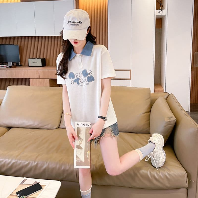 실사 180g 남자 바 면 반팔 티셔츠 여성 여름 얇은 스타일 데님 패치워크 POLO 칼라 루즈핏 작은 키 맨위 상세 이미지 6
