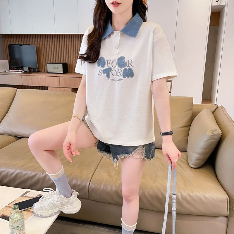 실사 180g 남자 바 면 반팔 티셔츠 여성 여름 얇은 스타일 데님 패치워크 POLO 칼라 루즈핏 작은 키 맨위 상세 이미지 7