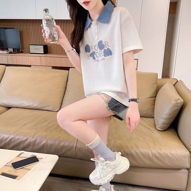 실사 180g 남자 바 면 반팔 티셔츠 여성 여름 얇은 스타일 데님 패치워크 POLO 칼라 루즈핏 작은 키 맨위 상세 이미지 8