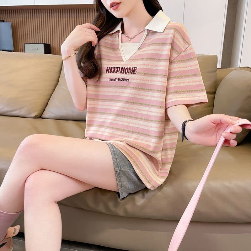 실사 70 면 30 폴리 에스터 원본 품질 반팔 티셔츠 여성 여름 얇은 스타일 POLO 칼라 루즈핏 작은 키 맨위 상세 이미지 12