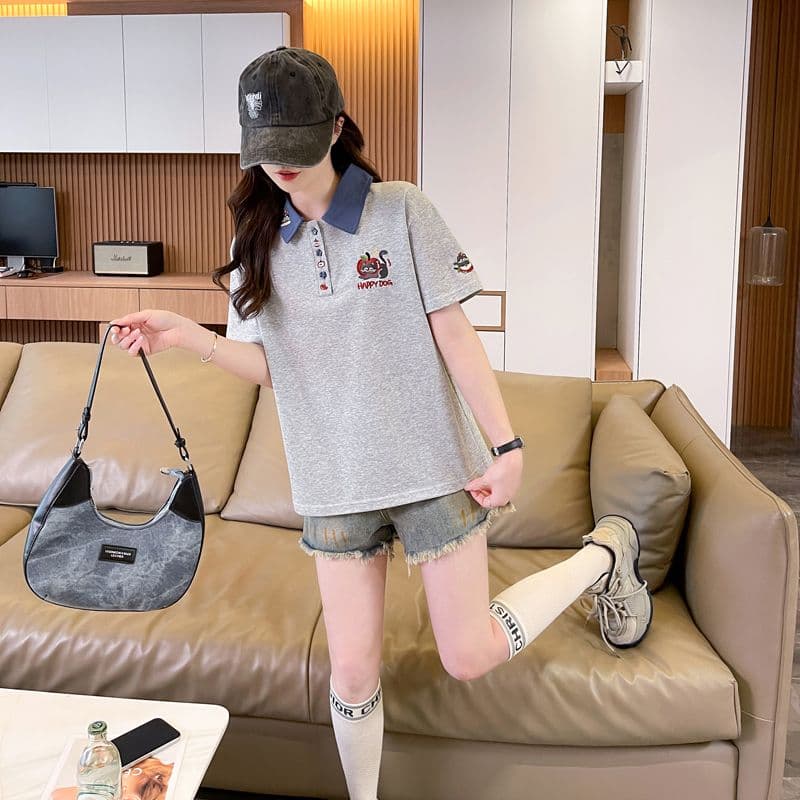 실사 180g 남자 바 면 반팔 티셔츠 여성 여름 얇은 스타일 무거운 작업 자수 POLO 칼라 루즈핏 작은 키 맨위 상세 이미지 22