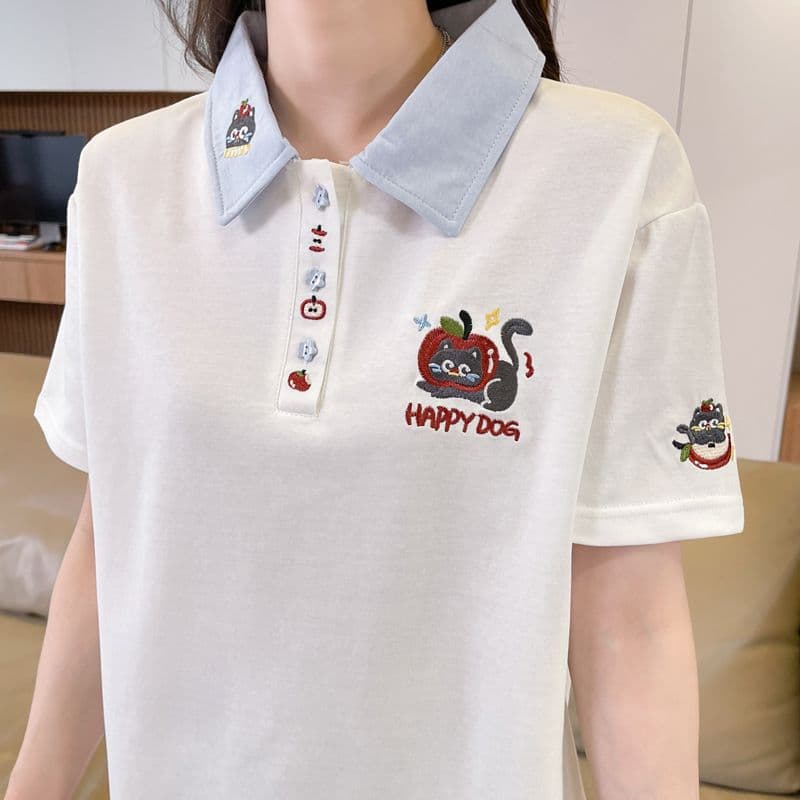 실사 180g 남자 바 면 반팔 티셔츠 여성 여름 얇은 스타일 무거운 작업 자수 POLO 칼라 루즈핏 작은 키 맨위 상세 이미지 30