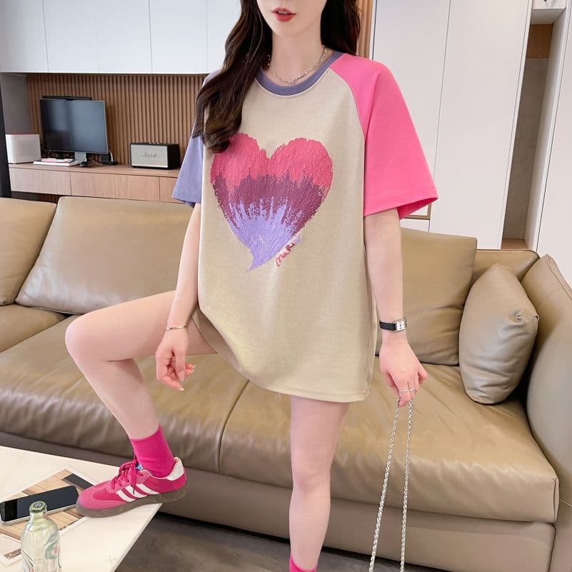 실사 한국 스타일 프린트 싸움 플러그 색상 반팔 티셔츠 여성 배색 장식 맨위 패션 트렌디 이미지 3