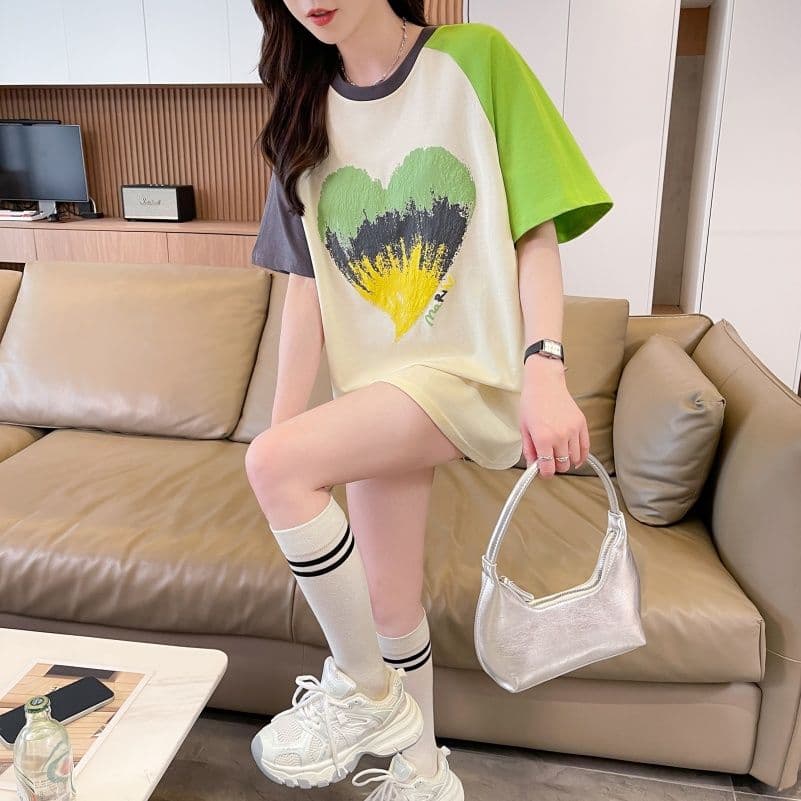 실사 한국 스타일 프린트 싸움 플러그 색상 반팔 티셔츠 여성 배색 장식 맨위 패션 트렌디 상세 이미지 9