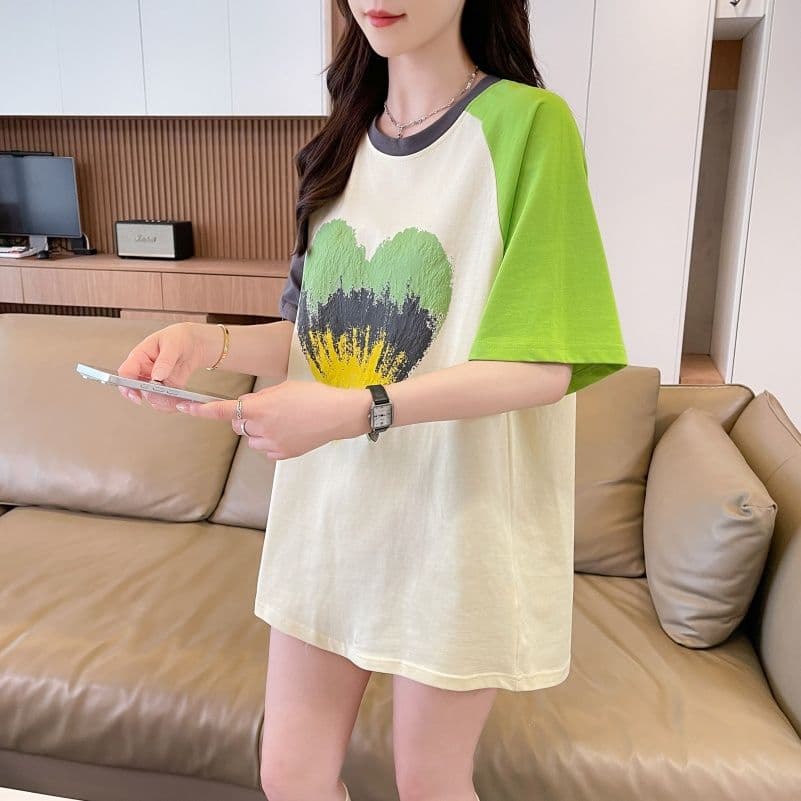 실사 한국 스타일 프린트 싸움 플러그 색상 반팔 티셔츠 여성 배색 장식 맨위 패션 트렌디 상세 이미지 11