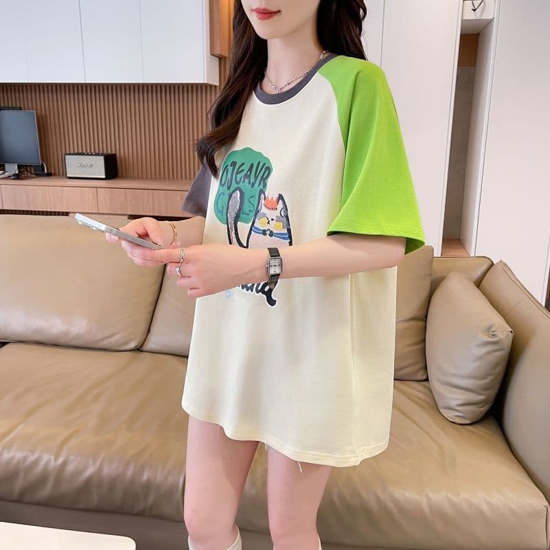 실사 한국 스타일 프린트 싸움 플러그 색상 반팔 티셔츠 여성 배색 장식 맨위 패션 트렌디 상세 이미지 6