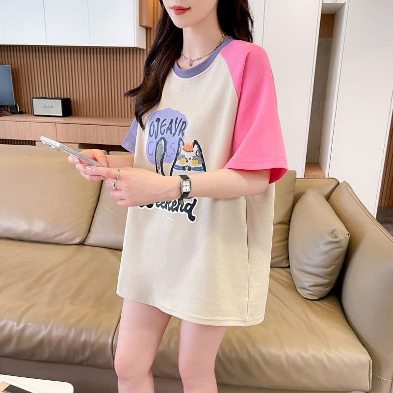 실사 한국 스타일 프린트 싸움 플러그 색상 반팔 티셔츠 여성 배색 장식 맨위 패션 트렌디 상세 이미지 11