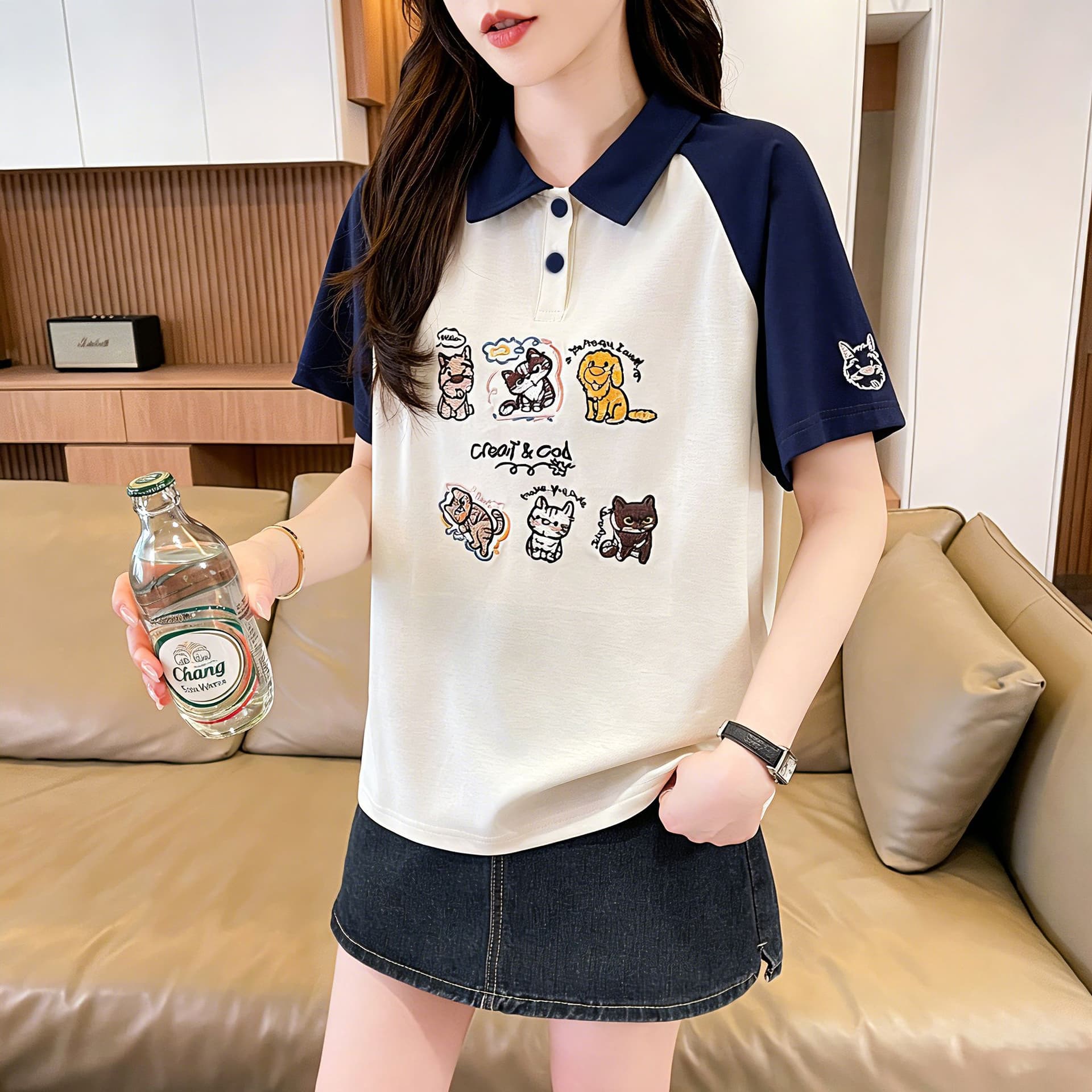 실사 한국 스타일 POLO 칼라 반팔 티셔츠 여성 2026 년 새로운 자수 싸움 플러그 색상 맨위 상세 이미지 5
