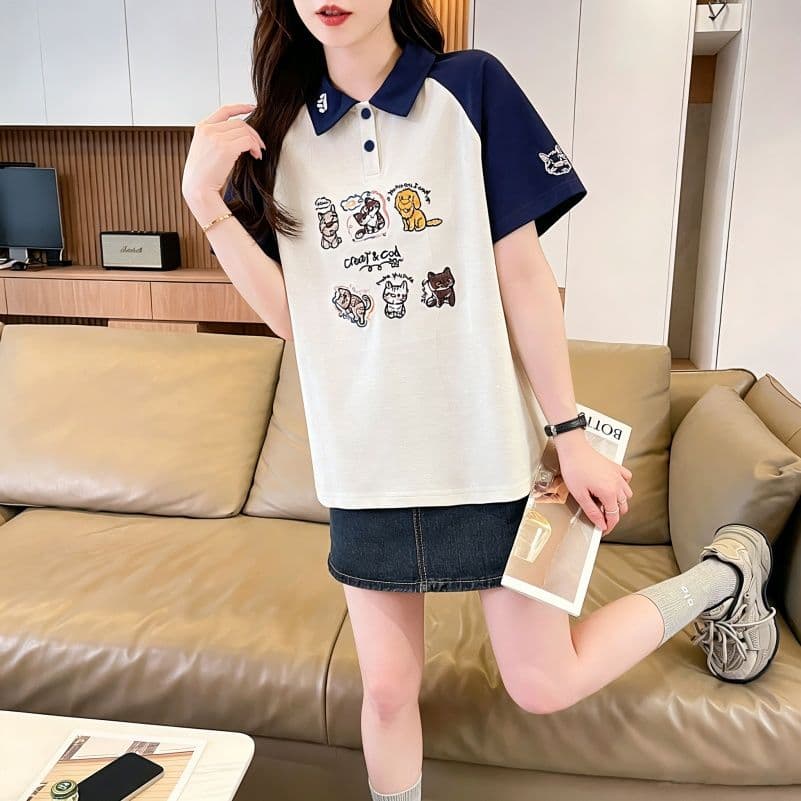 실사 한국 스타일 POLO 칼라 반팔 티셔츠 여성 2026 년 새로운 자수 싸움 플러그 색상 맨위 상세 이미지 6