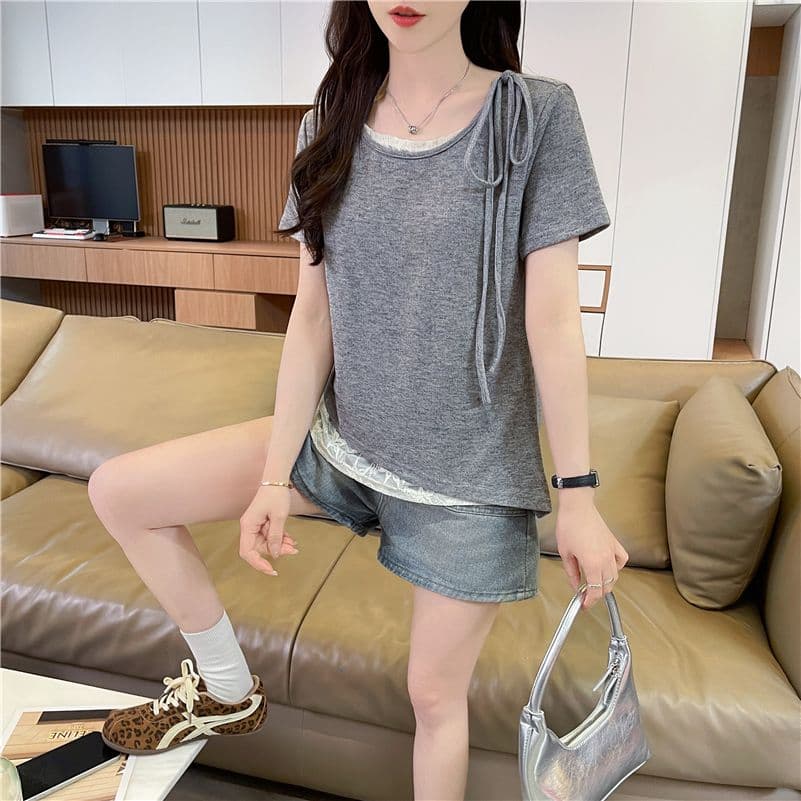 실사 한국 스타일 페이크 레이어드 반팔 티셔츠 여성 2026 년 새로운 디 상마 면 패치워크 레이스 맨위 이미지 4