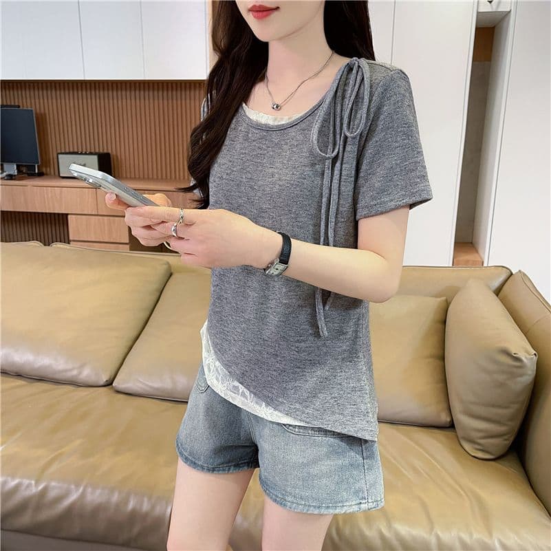 실사 한국 스타일 페이크 레이어드 반팔 티셔츠 여성 2026 년 새로운 디 상마 면 패치워크 레이스 맨위 상세 이미지 6