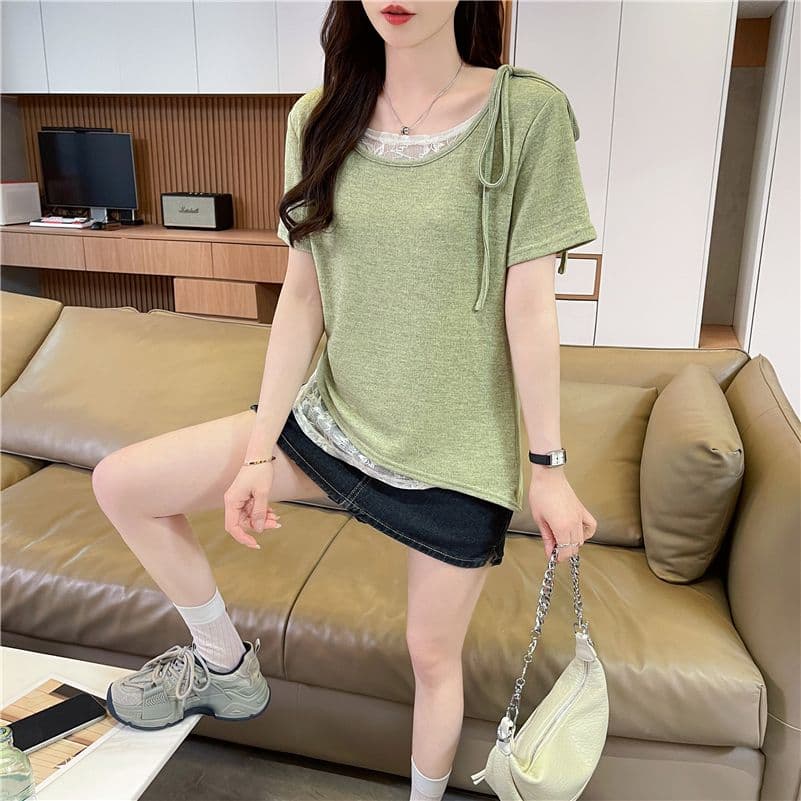 실사 한국 스타일 페이크 레이어드 반팔 티셔츠 여성 2026 년 새로운 디 상마 면 패치워크 레이스 맨위 상세 이미지 8