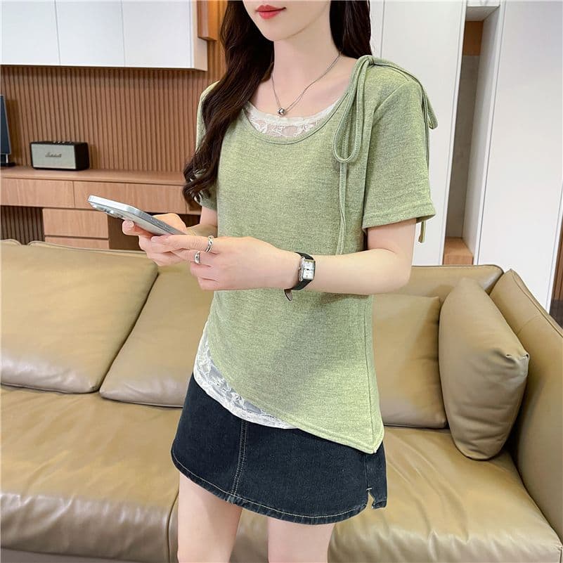 실사 한국 스타일 페이크 레이어드 반팔 티셔츠 여성 2026 년 새로운 디 상마 면 패치워크 레이스 맨위 상세 이미지 11