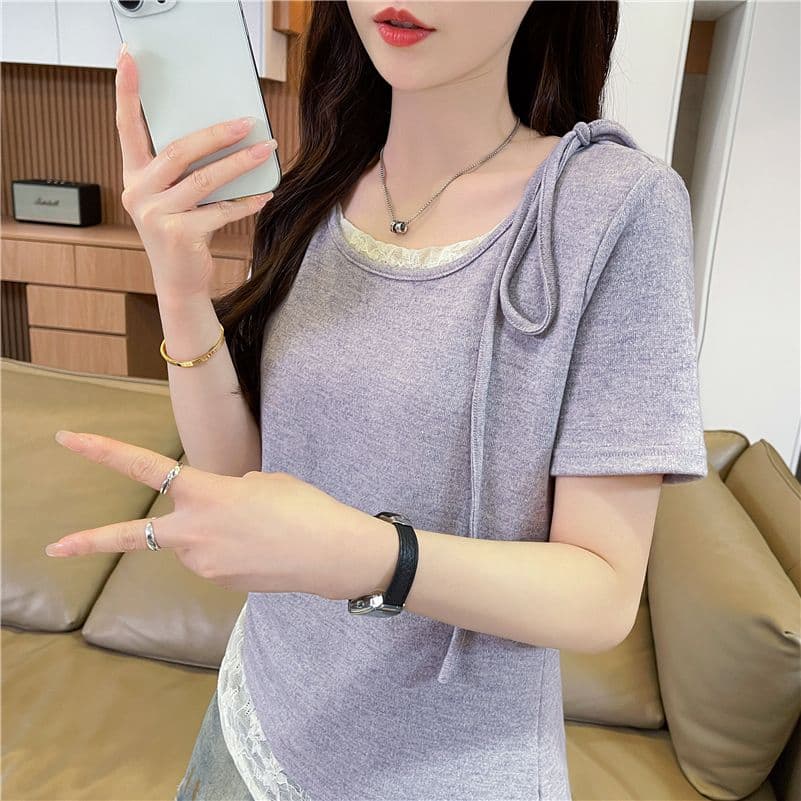 실사 한국 스타일 페이크 레이어드 반팔 티셔츠 여성 2026 년 새로운 디 상마 면 패치워크 레이스 맨위 상세 이미지 12
