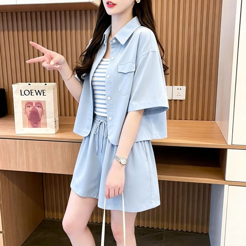 실사 사람들 면 80 여름 새로운 루즈핏 반팔 셔츠 재킷 반바지 조끼 3종 세트 세트 이미지 3