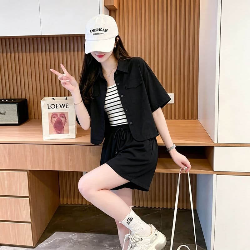 실사 사람들 면 80 여름 새로운 루즈핏 반팔 셔츠 재킷 반바지 조끼 3종 세트 세트 상세 이미지 6