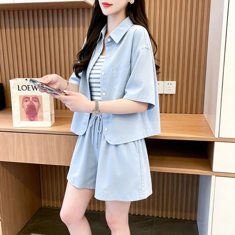 실사 사람들 면 80 여름 새로운 루즈핏 반팔 셔츠 재킷 반바지 조끼 3종 세트 세트 상세 이미지 8