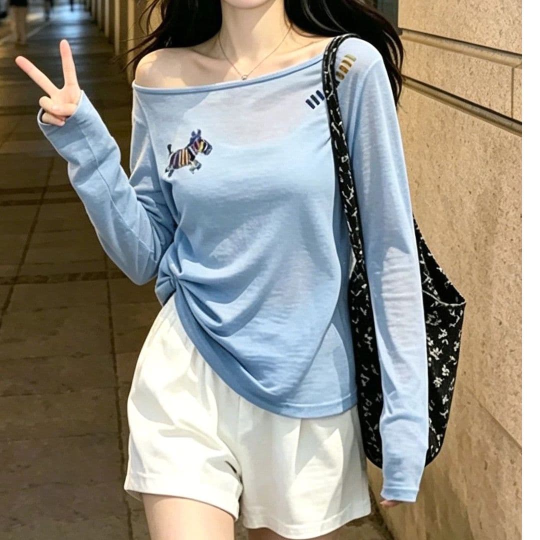 여름 얇은 스타일 비스듬한 칼라 오프숄더 자외선 차단 블라우스 파란색 긴팔 티셔츠 여성 마이크로 ~을 통해 에어컨 셔츠 맨위 이미지 3