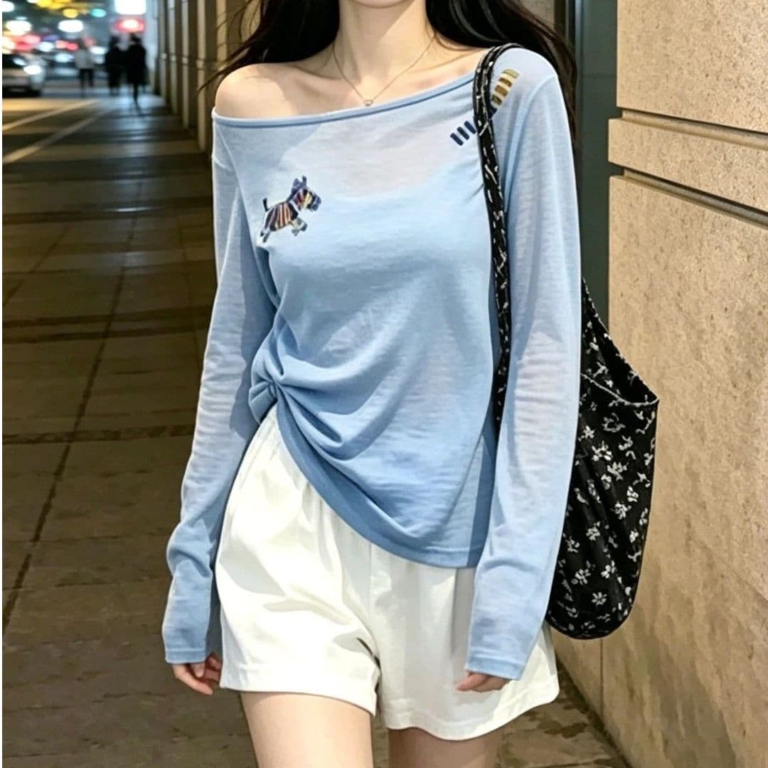 여름 얇은 스타일 비스듬한 칼라 오프숄더 자외선 차단 블라우스 파란색 긴팔 티셔츠 여성 마이크로 ~을 통해 에어컨 셔츠 맨위 이미지 2