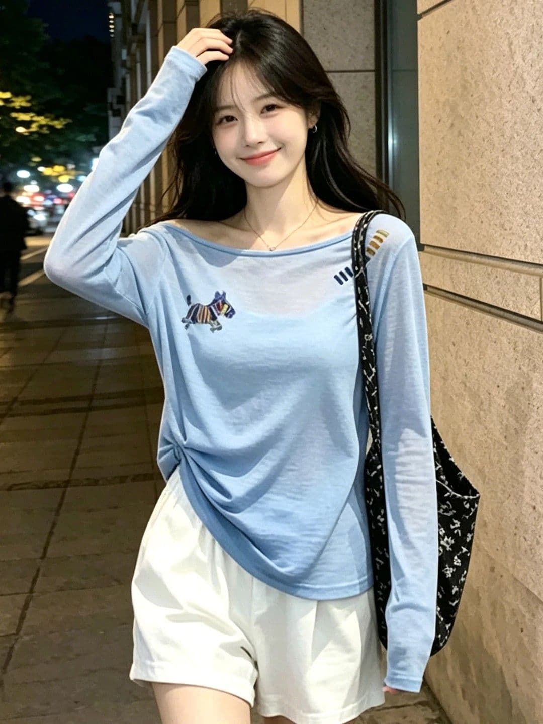 여름 얇은 스타일 비스듬한 칼라 오프숄더 자외선 차단 블라우스 파란색 긴팔 티셔츠 여성 마이크로 ~을 통해 에어컨 셔츠 맨위 상세 이미지 4