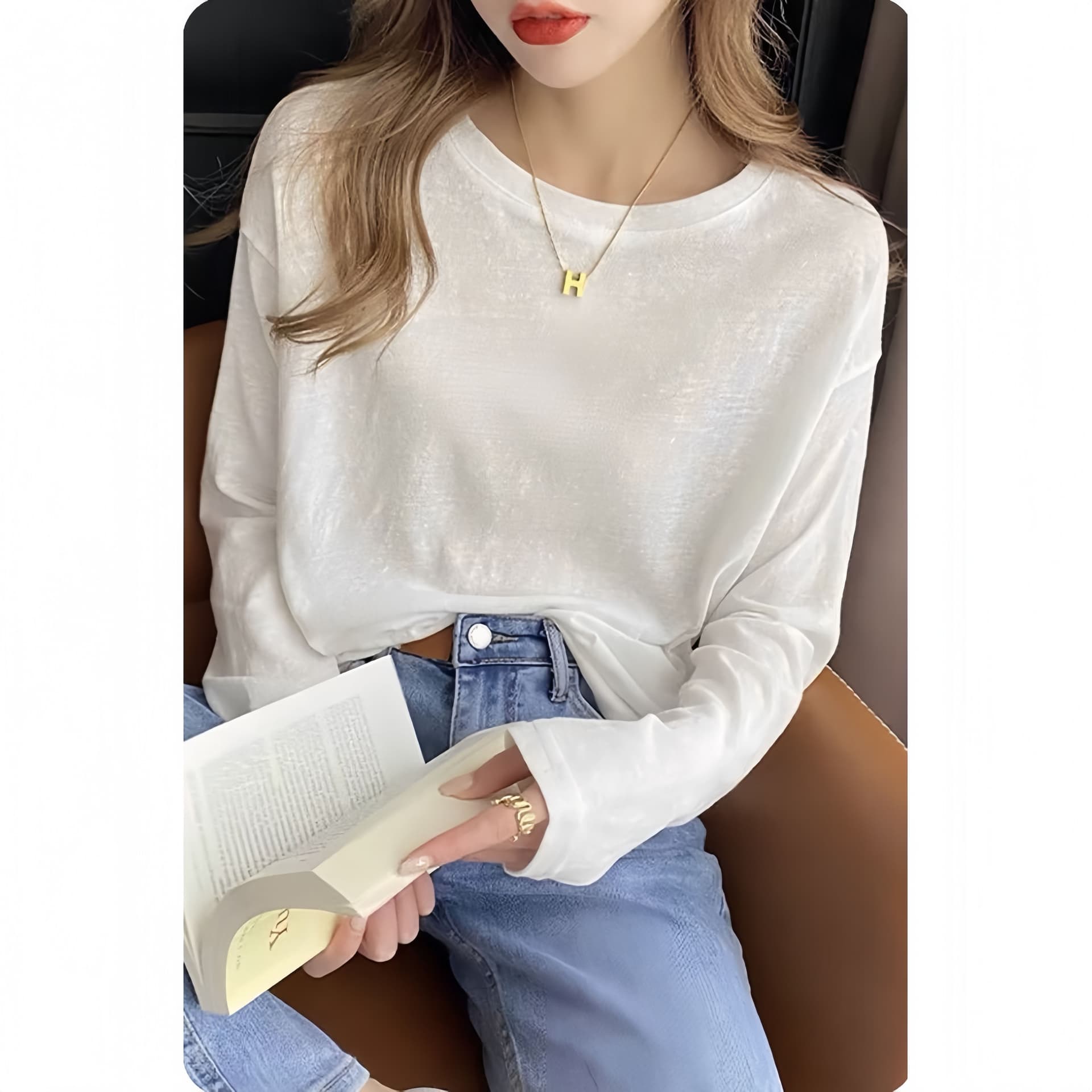 65 면 새로운 긍정적 인 어깨 눈꽃 면 긴팔 티셔츠 여성 루즈핏 캐주얼 빅 사이즈 화이트 맨위 기본 셔츠 여름 이미지 3