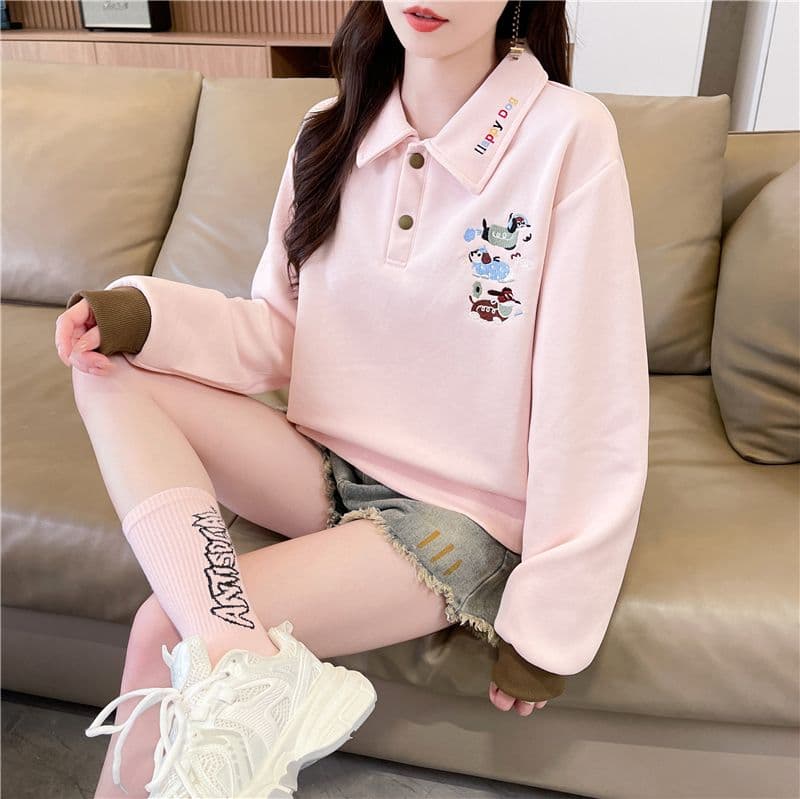 실사 한국 스타일 루즈핏 2026 봄과 가을 자수 싸움 플러그 색상 후아 면 후드티 여성 상세 이미지 6