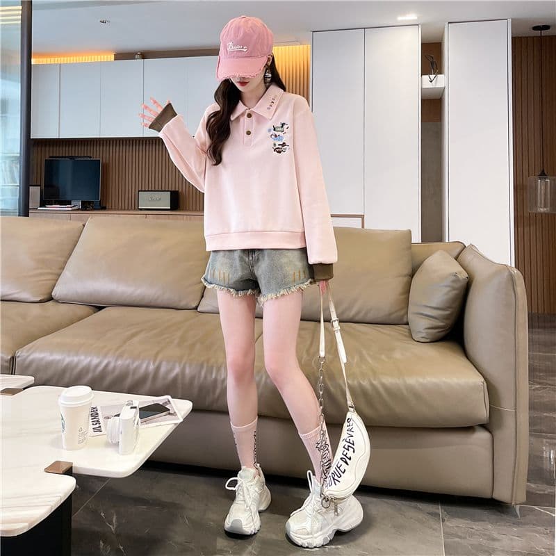 실사 한국 스타일 루즈핏 2026 봄과 가을 자수 싸움 플러그 색상 후아 면 후드티 여성 상세 이미지 8