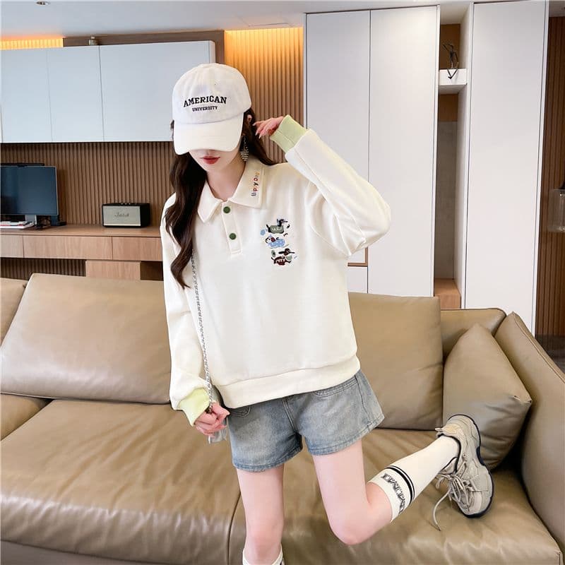 실사 한국 스타일 루즈핏 2026 봄과 가을 자수 싸움 플러그 색상 후아 면 후드티 여성 상세 이미지 15
