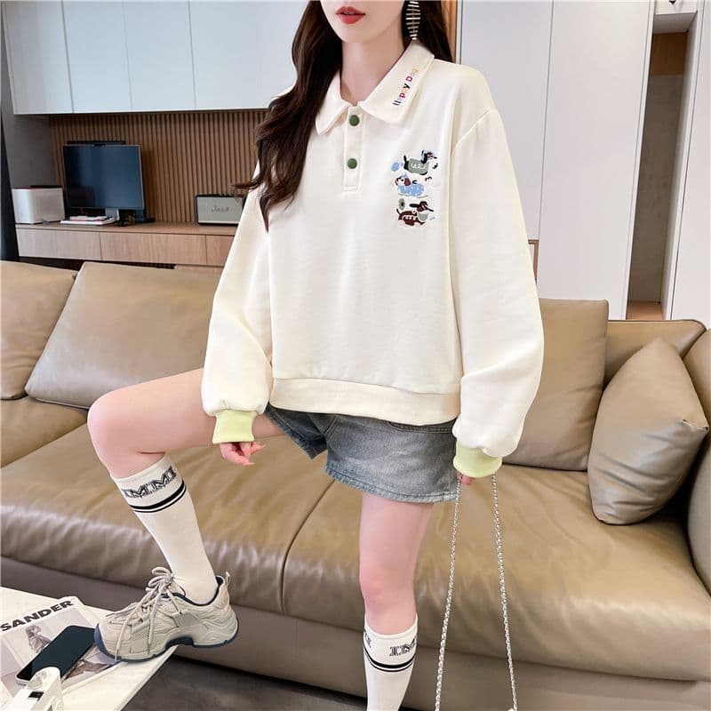 실사 한국 스타일 루즈핏 2026 봄과 가을 자수 싸움 플러그 색상 후아 면 후드티 여성 상세 이미지 16