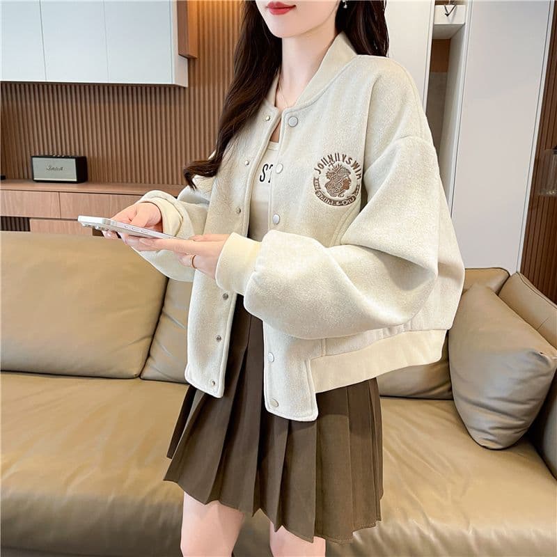 실사 한국 스타일 루즈핏 봄과 가을 자수 패치워크 작은 디자인 후아 면 후드티 여성 재킷 이미지 3
