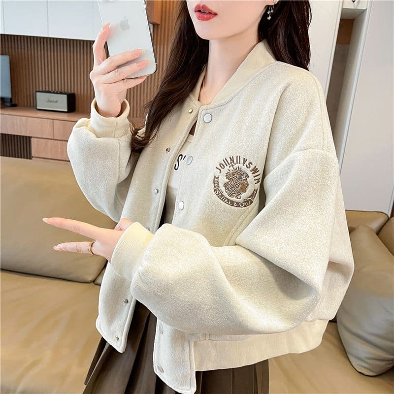 실사 한국 스타일 루즈핏 봄과 가을 자수 패치워크 작은 디자인 후아 면 후드티 여성 재킷 상세 이미지 2
