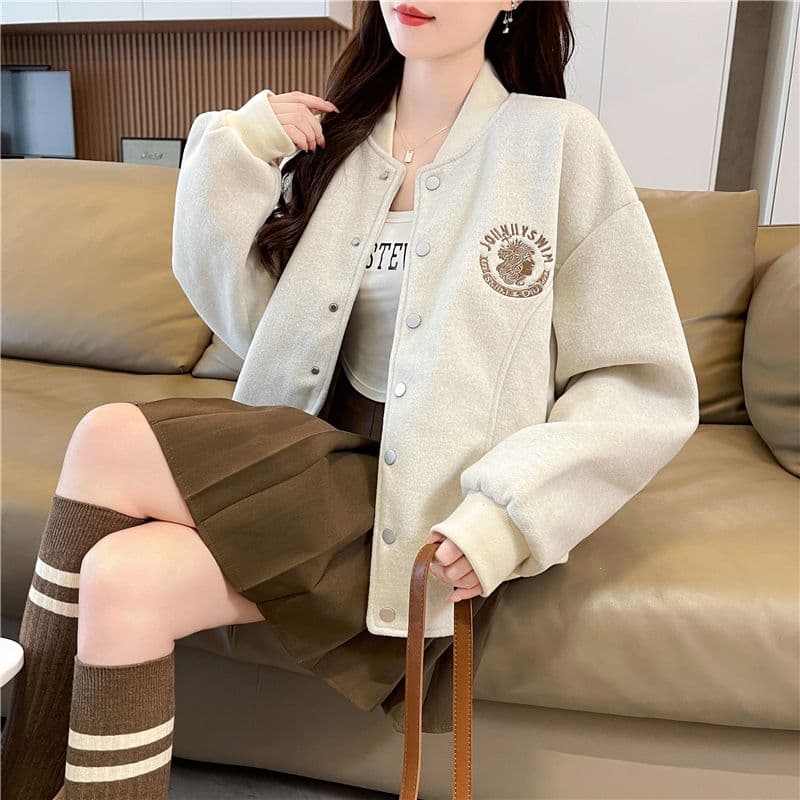 실사 한국 스타일 루즈핏 봄과 가을 자수 패치워크 작은 디자인 후아 면 후드티 여성 재킷 상세 이미지 4