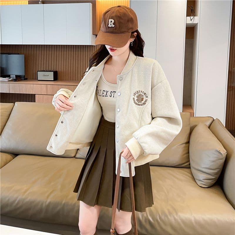 실사 한국 스타일 루즈핏 봄과 가을 자수 패치워크 작은 디자인 후아 면 후드티 여성 재킷 상세 이미지 5