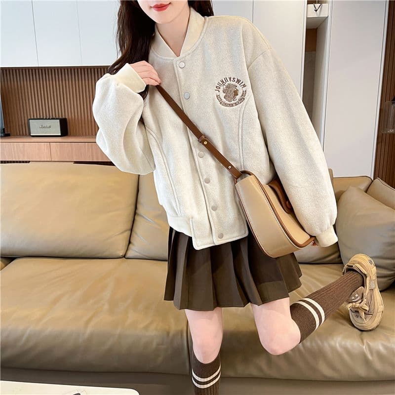 실사 한국 스타일 루즈핏 봄과 가을 자수 패치워크 작은 디자인 후아 면 후드티 여성 재킷 상세 이미지 7