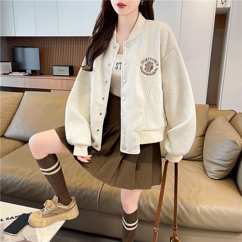 실사 한국 스타일 루즈핏 봄과 가을 자수 패치워크 작은 디자인 후아 면 후드티 여성 재킷 상세 이미지 8