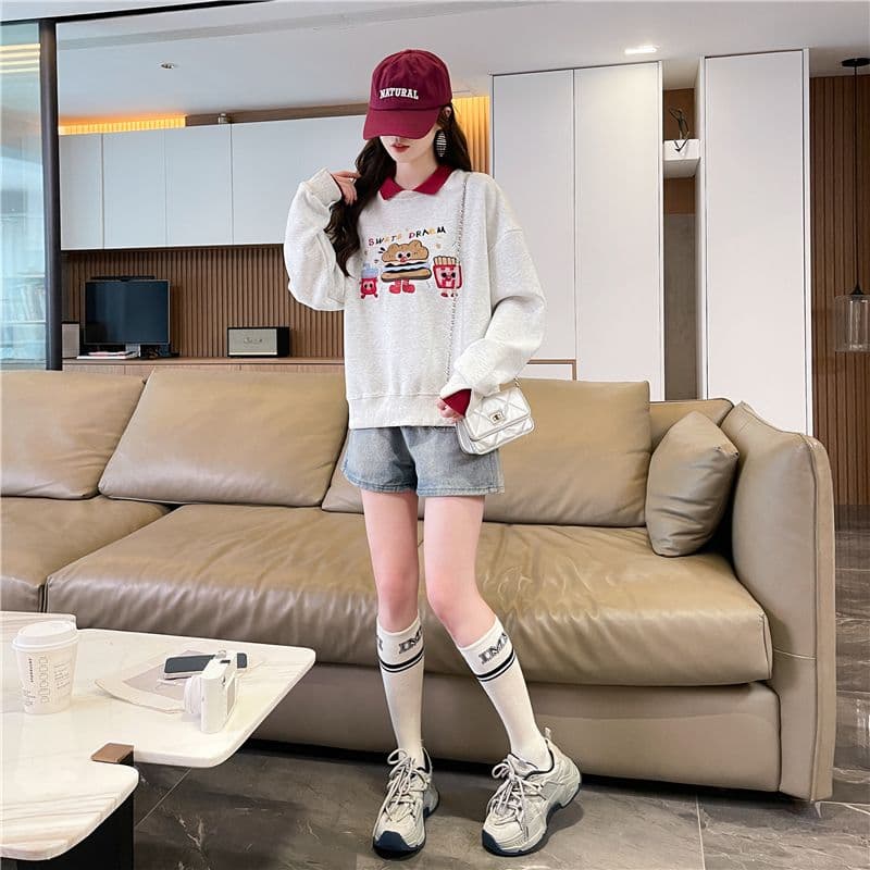실사 한국 스타일 루즈핏 봄과 가을 자수 싸움 플러그 색상 후아 면 후드티 여성 상세 이미지 5