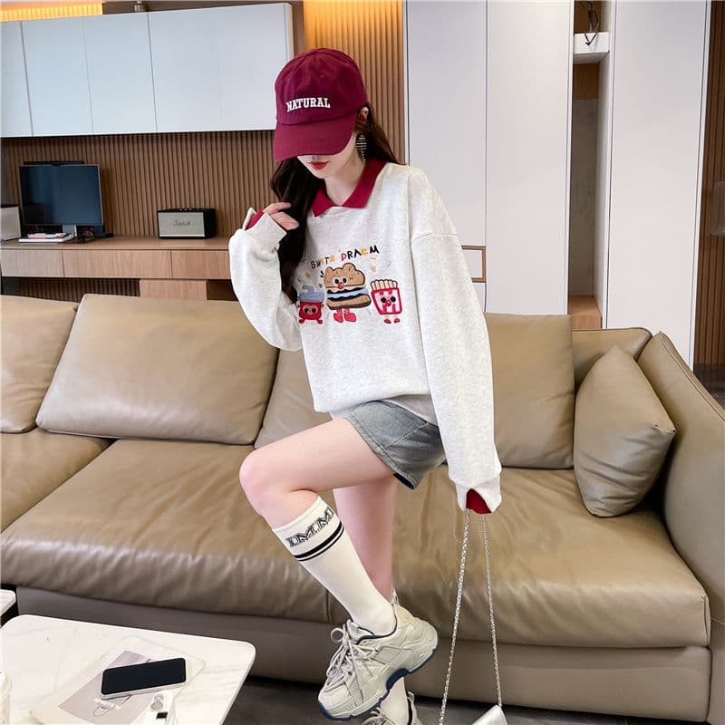 실사 한국 스타일 루즈핏 봄과 가을 자수 싸움 플러그 색상 후아 면 후드티 여성 상세 이미지 6