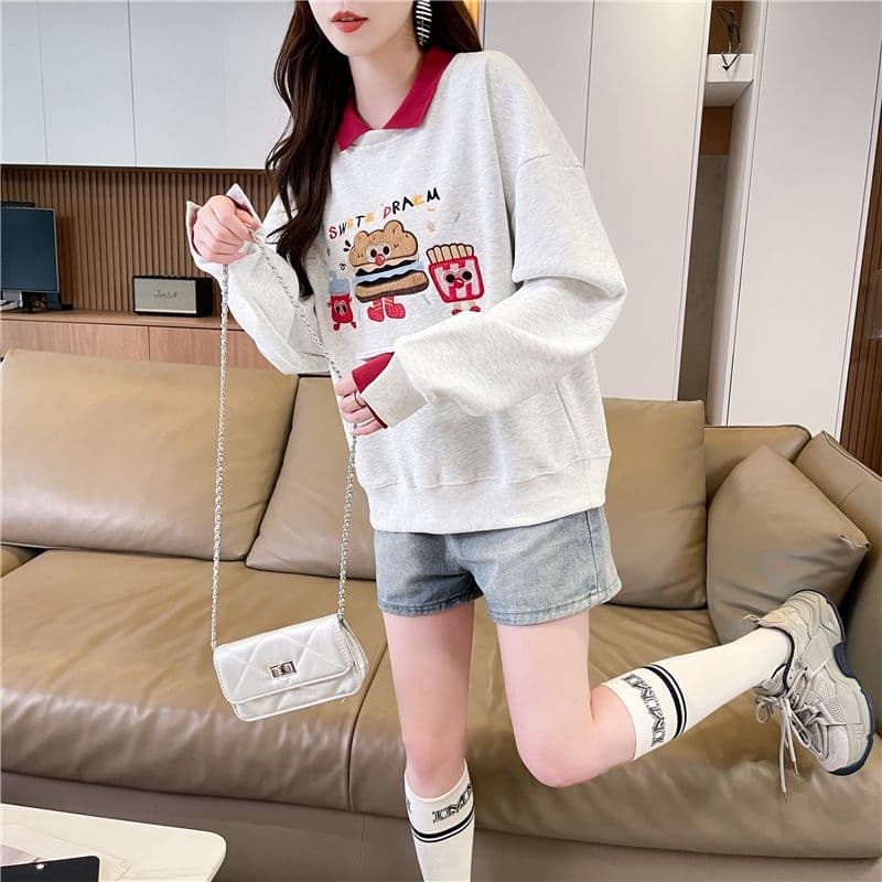 실사 한국 스타일 루즈핏 봄과 가을 자수 싸움 플러그 색상 후아 면 후드티 여성 상세 이미지 8