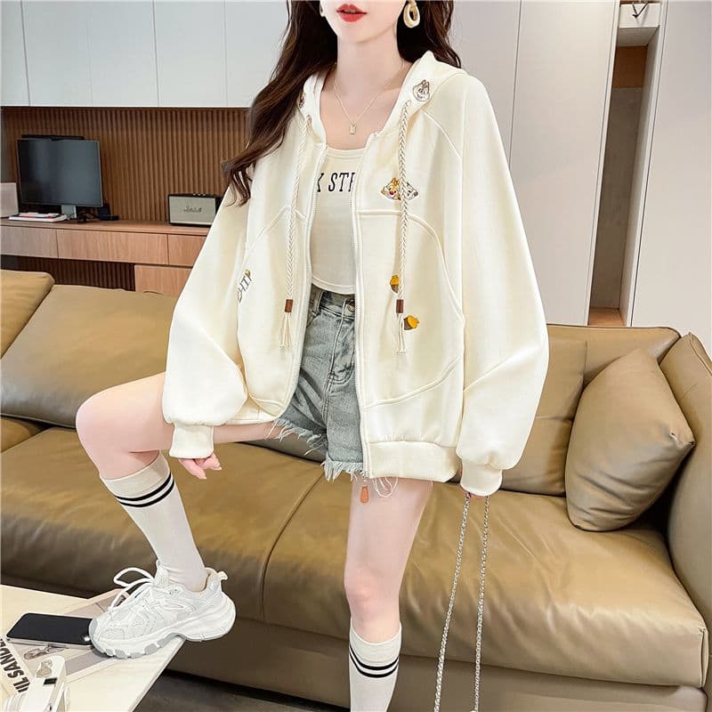실사 한국 스타일 루즈핏 봄과 가을 자수 지퍼 패치워크 후아 면 후드티 여성 재킷 이미지 4