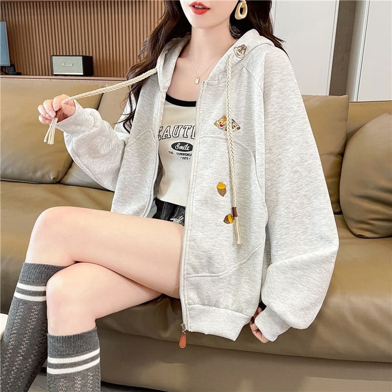 실사 한국 스타일 루즈핏 봄과 가을 자수 지퍼 패치워크 후아 면 후드티 여성 재킷 상세 이미지 4